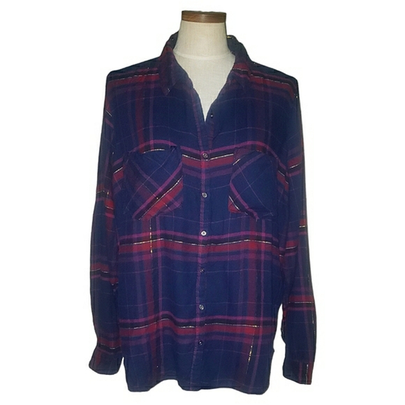 Maurices Double Front Pocket Metallic Tinsel Plaid Button Front Shirt Top 3X - Picture 3 of 16